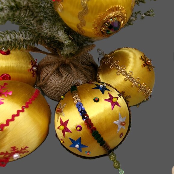 7 Gold Push Pin Christmas Ornaments, Satin Beaded Sequins, Vintage Handmade - Picture 3 of 10